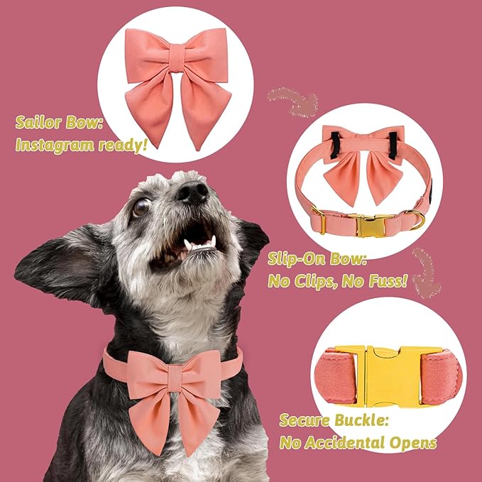 Maca Bates Candy Pink Dog Collar with Cute Solid Sailor Bow Tie for Medium Girl Boy Dogs,Girly Adjustbale Durable Breakaway Soft Collars with Bowtie for Female Male Puppy,Pet with Metal Buckle