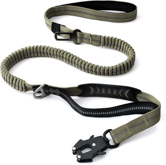 Heavy Duty Tactical Dog Leash with Quick Release Carabiner and Highly Reflective Threads,4-6FT Power Stretch Dog Leash for Medium Large Dogs (Army Green & Black)
