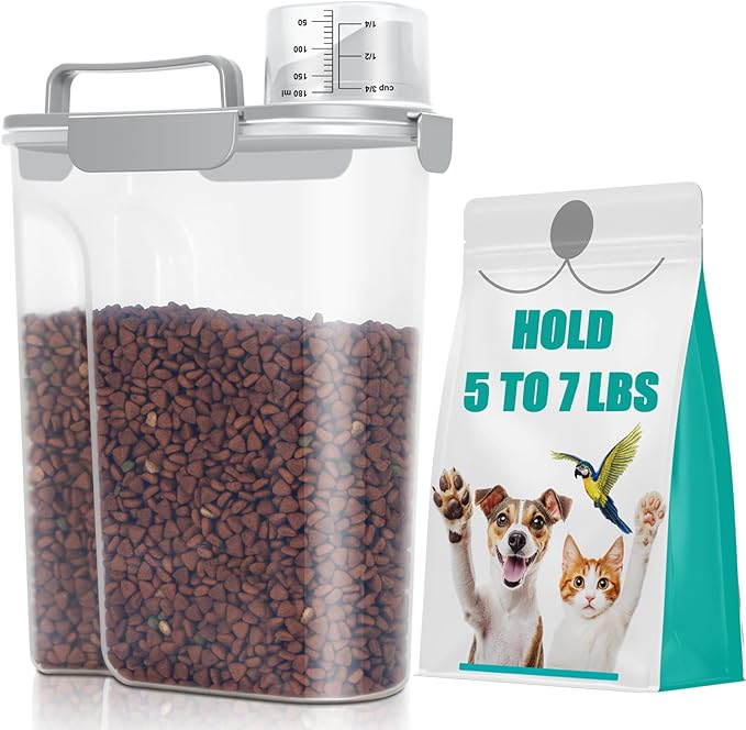 TBMax Dog Cat Food Storage Container 5 to 7 lbs, Airtight Pet Food Dispenser with Easy-Pouring Spout & Measuring Cup, Portable Kibble Container for Travel Dog Food Storage