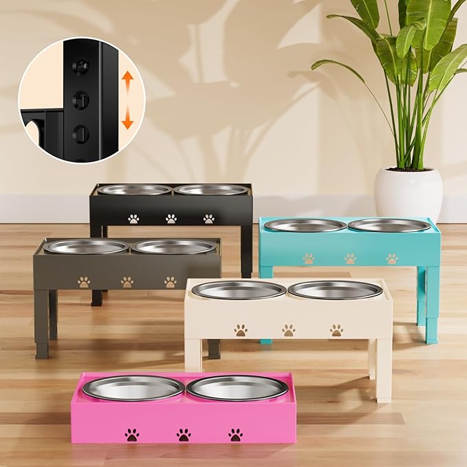 Elevated Dog Bowls with 2 Stainless Steel Bowls, Raised Dog Food Bowl Stand 5 Height Adjustable (3.1", 9", 10", 11", 12") Non-Slip Feeder Set for Medium and Large Dogs - Apricot