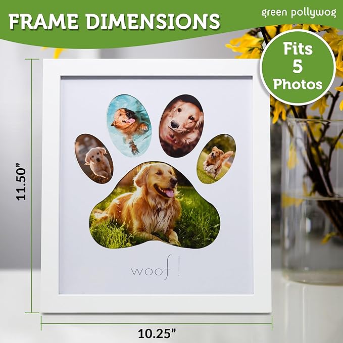 Green Pollywog 5-Opening Paw Print Collage Frame | Paw Print Picture Frame | Display for Photos for Pets | Dog Mom Gift | Dog Dad Collage | Pet Memorial Picture Gallery
