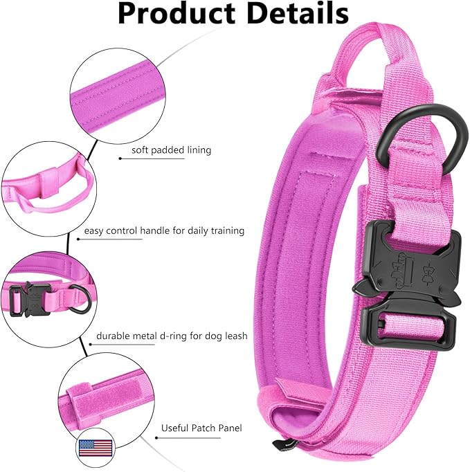 DAGANXI Tactical Dog Collar, Adjustable Military Training Nylon Dog Collar with Control Handle and Heavy Metal Buckle for Medium and Large Dogs, with Patches and Airtags Case (L, Pink)