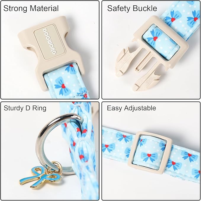 DOGWONG Blue Dog Collar, Cute Blue Boy Dog Collar Adjustable Soft Male Female Pet Dogs Collar Bowtie Printed Dog Collars for Large Dogs