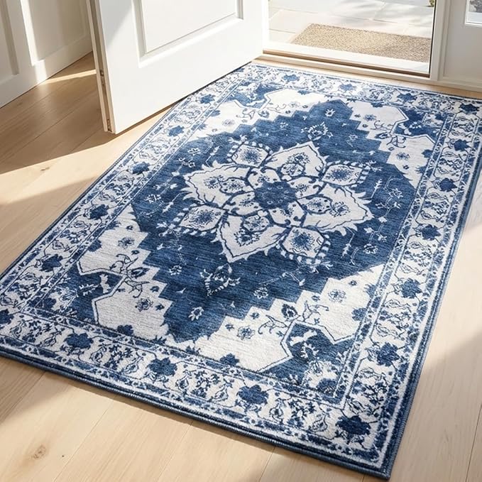 Muddy Mat짰 Navybell 2ft x 3ft Washable Area Rugs for Living Room, Bedroom & Dining Room ??Modern Soft Low Pile Non Slip Carpet ??Pet Friendly Waterproof Foldable Rugs for Home