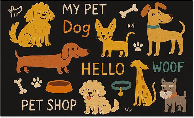 Cute Happy Dog Pattern Design Pet Food Mat 20" x 12" Fun Easy Clean Pet Feeding Mat Absorbent Cat Bowl Mat Non Slip Dog Foods Mats Pets Placemat for Dogs and Cat Feeding