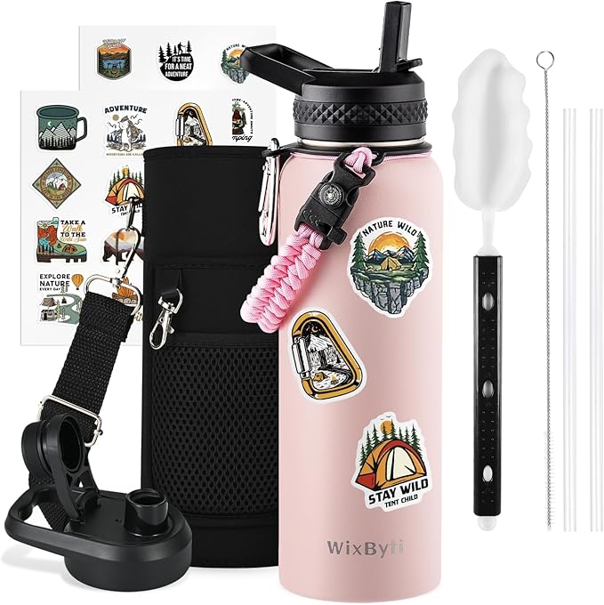 40 oz Insulated Water Bottle with Straw (Cold for 48 Hrs), Stainless Steel Triple Wall Vacuum Sports Water Jug, Leakproof Hydro Cup Flask with Paracord Handle & Straw Spout Lids & DIY Stickers