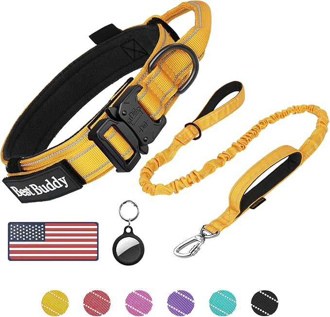 AUBELL Tactical Dog Collar and Leash Set, Reflective Adjustable Heavy Duty Military K9 Collars with Handle and Metal Buckle for Extra Large Dogs, with Airtag Case and 2 Patches(Yellow,XL)