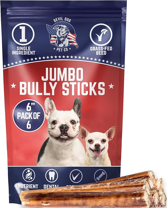 Devil Dog Pet Co. Jumbo Bully Sticks – 6 Inch, 6 Pack Dog Chews, 100% Natural Free-Range Grass-Fed Beef – Long Lasting, Rawhide-Free Treats for Dogs