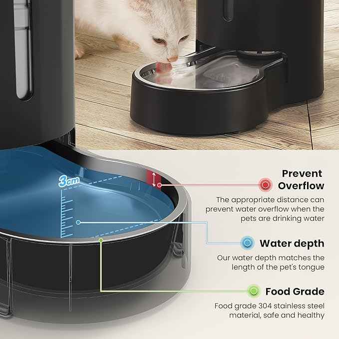 CZPET Dog Water Bowl Dispenser with Filter, Automatic Dog and Cat Water Dispenser with Stainless Steel Bowl, Gravity Waterer, Large Capacity, and Quiet Drinking Area for Pets (8L+Filter,Black)
