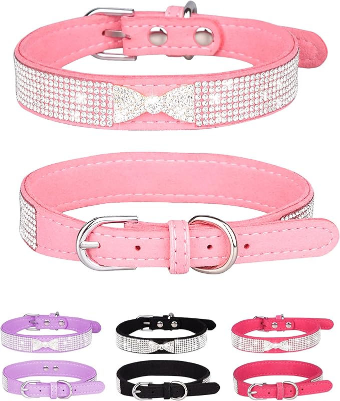 Bling Dog Collar for Small Medium Large Dogs, Crown Rhinestone Dog Collars for Girl and boy Dog, Diamond Puppy Collars, Adjustable Leather Suede SOFE Cat Collar (M(13"-15.4"/33CM-39CM), Pink2)