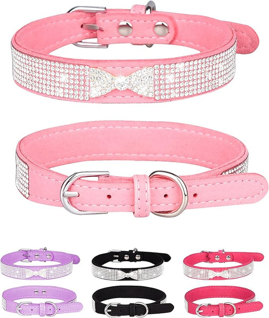 Bling Dog Collar for Small Medium Large Dogs, Crown Rhinestone Dog Collars for Girl and boy Dog, Diamond Puppy Collars, Adjustable Leather Suede SOFE Cat Collar (M(13"-15.4"/33CM-39CM), Pink2)