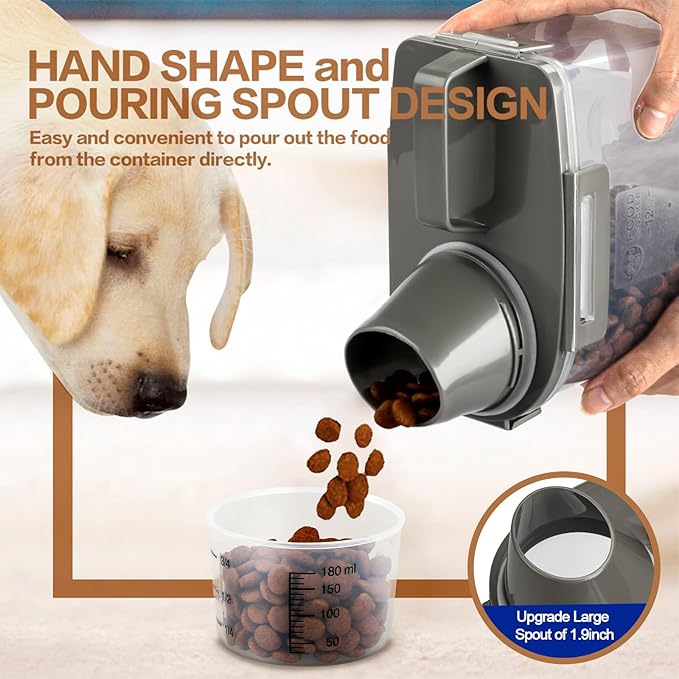 Upgraded Dog Food Storage Container Small, Cat Food Container Airtight, Pet Food Container Dispenser with Pour Spout, Measuring Cup and 4 Seal Buckles for Dogs, Cats, Birds (Grey)