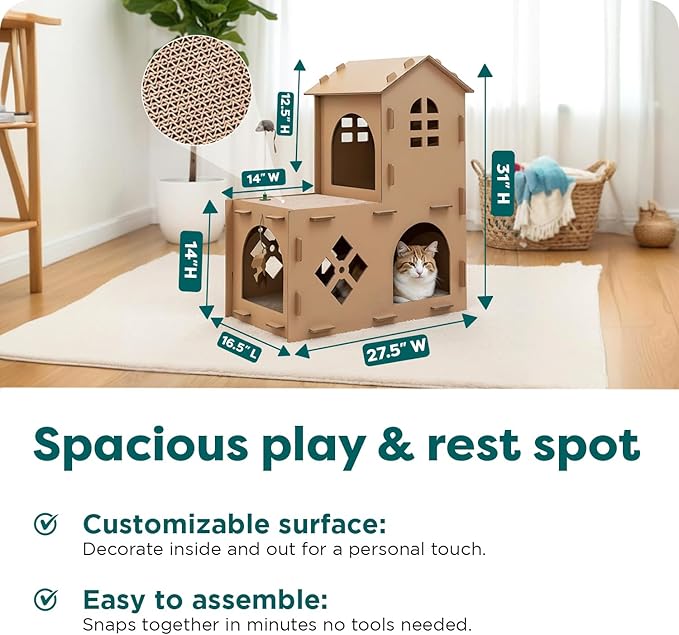 FurHaven Farmhouse Multi-Level Cardboard Cat House for Indoor Cats with Catnip & Toys, Double-Walled Corrugated Scratcher Designed for Lounging, Play & Comfort, One Size, Cardboard, Brown