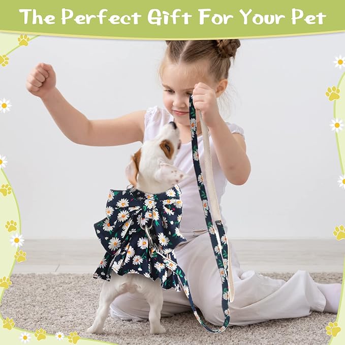 Sanwuta 4 Pack Harness Dog Dress Bowknot Leash Set Floral Princess Dog Harness Dress Vest with Leash Pet Doggy Outfits for Outdoor Walking, 4 Colors(Medium)