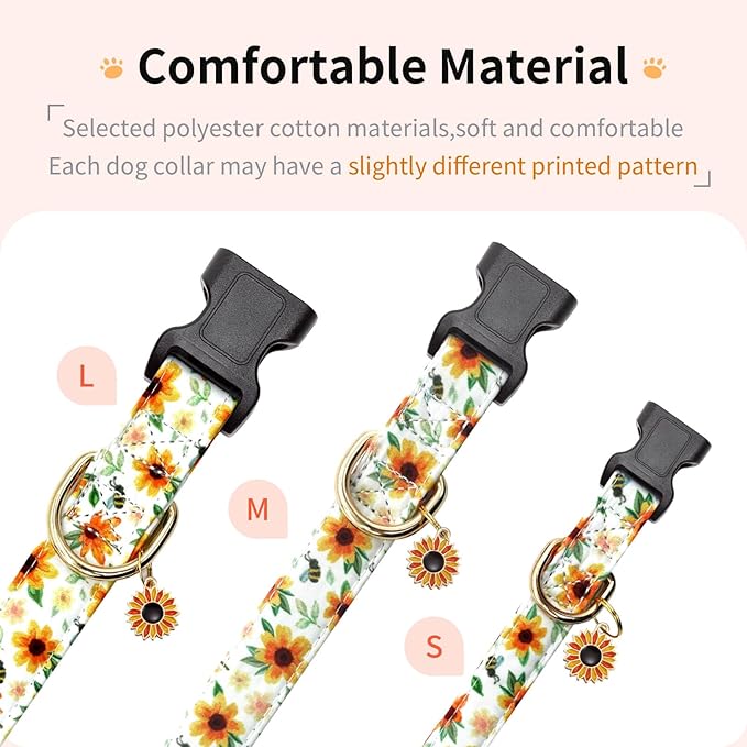 Cotton Dog Collar,Adjustable Cute Puppy Collar with Moon Patterned Design for Small Medium Large Dogs,Soft and Fancy Pet Collar with Safety Buckle for Girl Boy Dogs (Yellow Sunflower, L)