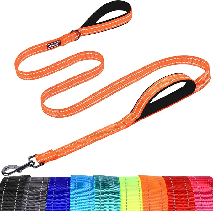 VIVAGLORY Twingrip Dog Leash, Double Handle Dog Leash for Training & Walking with Traffic Handle & 2 Loop, Traffic Control Reflective Heavy Duty for Puppy Pet, 6ft x 1in, Orange