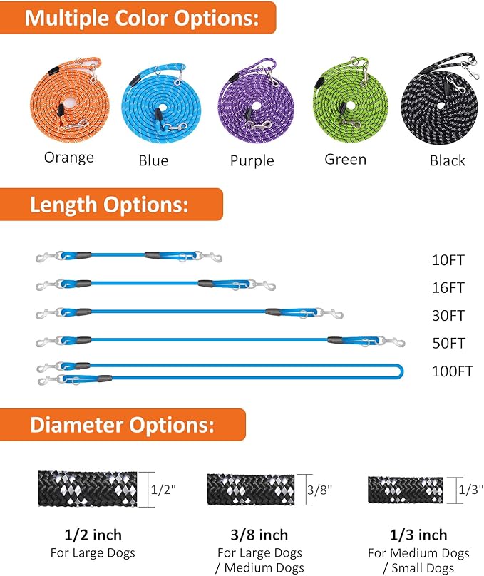 Extra Long 100FT Reflective Dog Leash for Training, Heavy Duty for Large, Medium, Small Dogs - Walking, Playing, Camping, Yard
