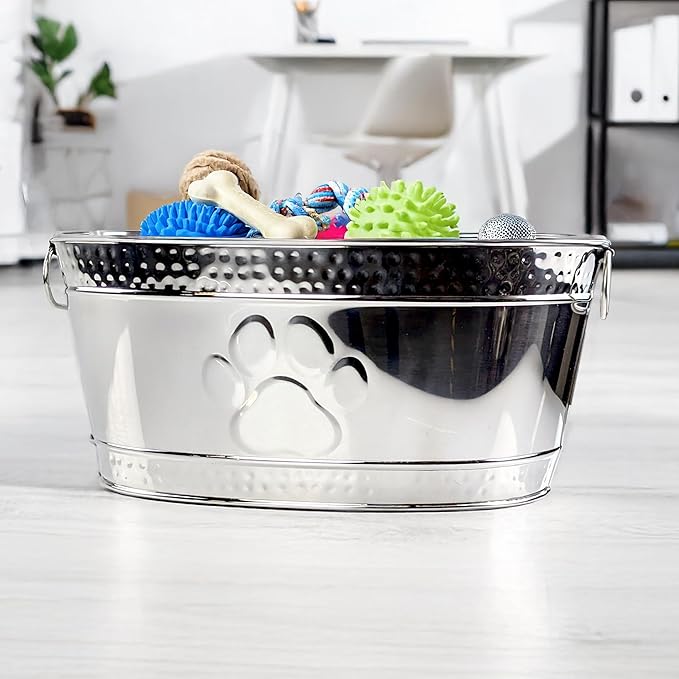 BREKX Metal Indestructible Dog Toy Bin - Steel Dog Toy Basket with Handles, Pet Storage Box, Oval for Blankets, Leashes, & Ropes for Aggressive Chewers - Pawprint Design Home Decor (Silver)