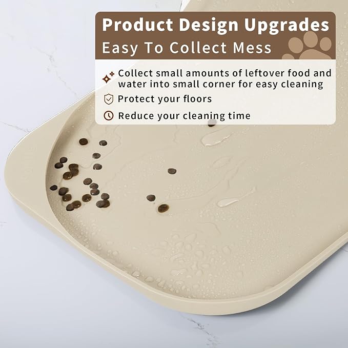 Silicone Pet Food Mat with Raised Edge for Food and Water Bowl, Dog Feeding Mats, Cat Food Trays for Floor Waterproof, Rubber Tray for Dogs and Cats, 22 x 14 x 0.8 Sand White (Yellow Cast)