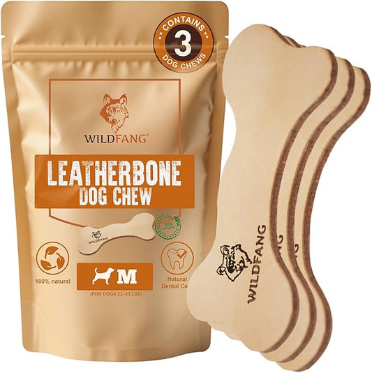 Wildfang® Leather Dog Toy, Medium– Soft Dog Toy & Dog Chew Toy for Gentle Chewer, Puppies & Senior Dogs with Sensitive Teeth – Non-Toxic, Stuffless Leather Bone, 5 mm for Dog Over 22-33 lbs, Pack of 3