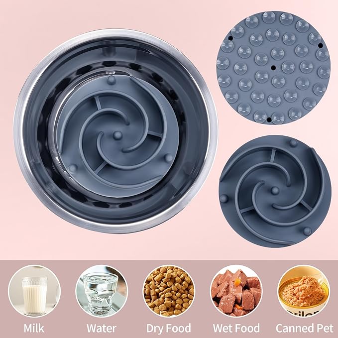 Slow Feeder Dog Bowls Insert, Bestalk Soft Silicone Slow Eating Feeder Insert with Suction Cups for Small, Medium and Large Dogs, Fit into Basic and Elevated Dog Bowls, Grey