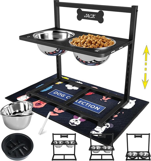 9 Height Adjustable Dog Bowl Stand with Two 1.7L Stainless Steel, Slow Feeder Bowls and Nonslip Pad, Perfect for Medium and Large Dogs