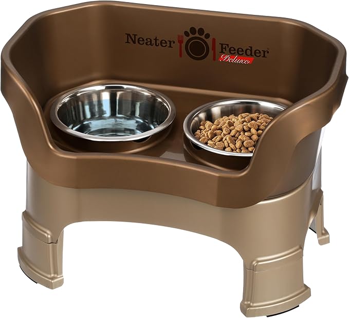 Neater Feeder Deluxe Mess Proof Dog Bowls Elevated Medium Sized Dogs (19-40 lbs) Made in USA, No Spill Raised Dog Food Bowl Stand w/Leg Extension, Stainless Steel Food and Water Bowl Set, Bronze