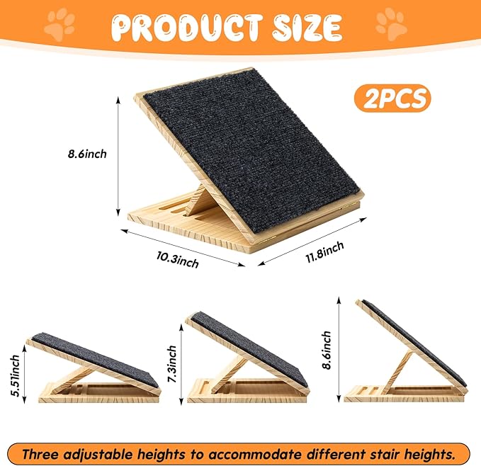 2 Packs Adjustable Slope Foldable Wooden Dog Ramp for Stairs, Anti-Slip Bump Dog Ramp for Stairs, No Installation Required, Small or Medium Cats, Step for Injured Pets (11.81 Inches/ 30 cm)