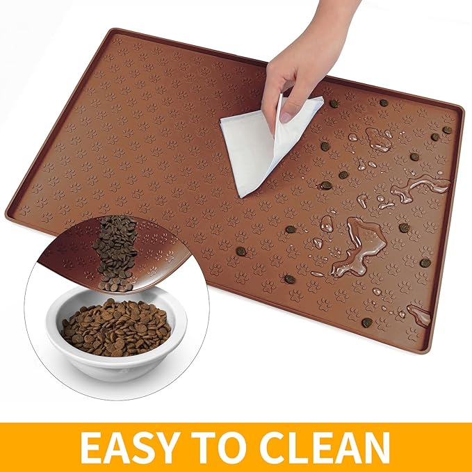 Ptlom Dog Food Mat Anti-Slip Bowl Mats for Food and Water, Waterproof Silicone Pet Placemat with High Raised Edges, Non-Slip Puppy Feeding Tray for Small, Medium Large Cats Dogs, Brown, 24.5" 16.5"