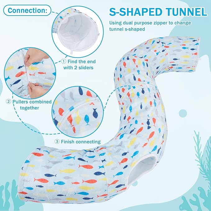 Ownpets Large Cat Tunnel Bed, Soft Plush Cat Donut Tunnel Bed with Washable Cushion, Peekaboo Cat Cave for Indoor Kitten, Puppy, Rabbit, Blue