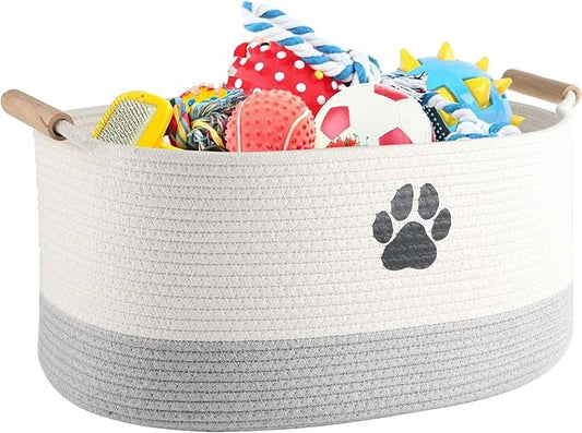Geyecete Dog toy basket dog toy bin Woven Storage Baskets for Dog Cat Dog Toy Box Sturdy Reinforced Handles with Paw Print basket-Beige/Gray