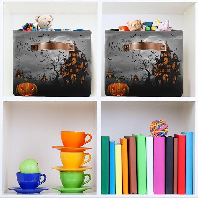 Halloween Spooky Witch Castle Storage Basket Fabric Kitchen Baskets Black Bat Ghost Pumpkin Open Home Storage Bins Boxes Foldable for Candy Toy Decorations Baskets 16×12×8 Inches