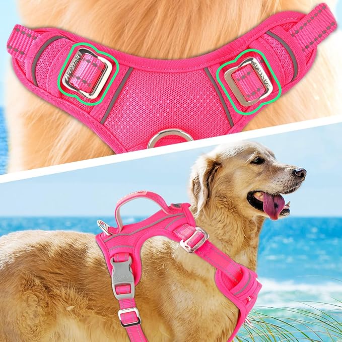 BARKBAY No Pull Dog Harness 3 Buckles Large Reflective Dog Harness with Front Clip and Easy Control Handle for Walking Training Running with ID tag Pocket(Pink,L)