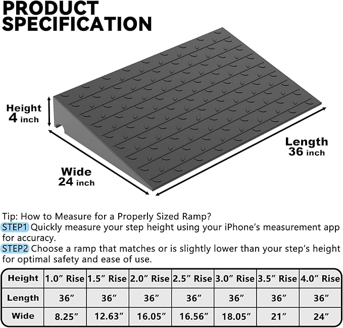 4" Rise Rubber Threshold Ramp for Doorways, 36" Wide Wheelchair Ramp 5500 Lbs Capacity, Entry Curb Ramp with Non-Slip Surface, for Wheelchairs, Scooter, Power Chairs, Driveways