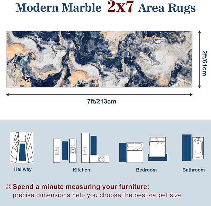 Yinhua 2x7'3 Runner Rug for Hallway, Marble Rug Runners for Kitchen, Soft Faux Wool Washable Area Rugs, Modern Runner Rugs Non Slip, Blue and Gold Abstract Carpet for Entryway Laundry Bathroom