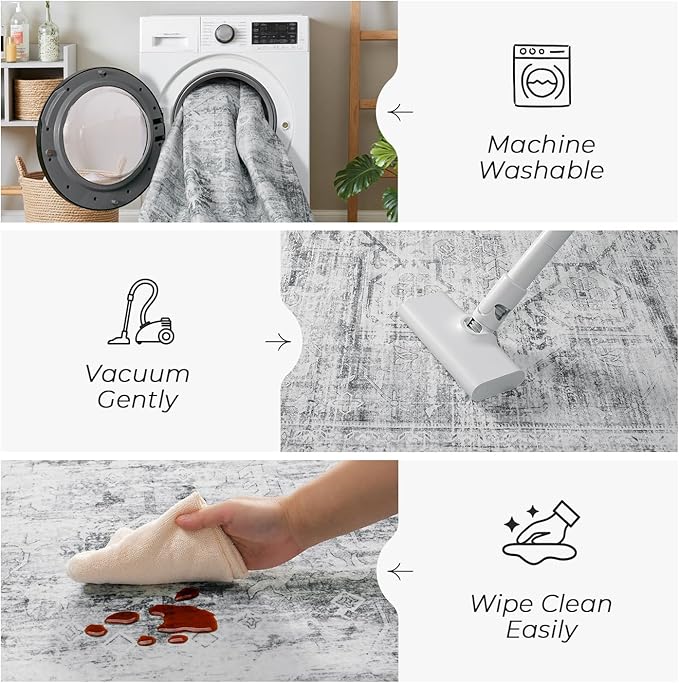 5x7 Washable Area Rugs for Living Room, Soft Faux Wool Carpets for Bedroom Dining Room, Neutral Vintage Distressed Non Slip Stain Resistant Grey White Rug for Home Office Decor