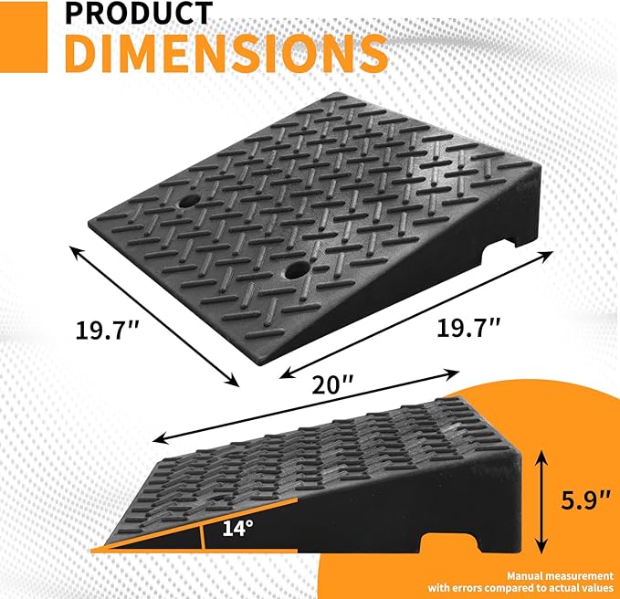 Rubber Curb Ramps for Driveway Sidewalks Shed Entry, 5.9 Inch Rise Height 2 Pack 19.68" L x 19.68" Threshold Ramp for Cars, Motorcycles, Lawn Mowers, 7000lbs Load Capacity