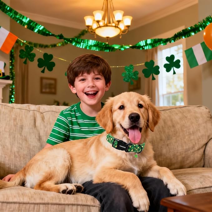 DOGWONG St Patrick's Dog Collar, Green Clover Pet Collar Cotton Shamrock Pet Collar Cute Puppy Collar Adjustable Pet Dog Collars for Small Dogs