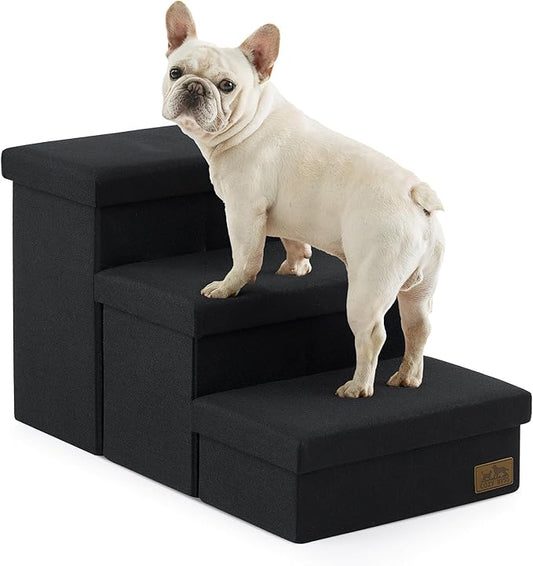 Dog Stairs with Storage, 3-Step Wider Sturdy Dog Steps for Small/Medium/Large Dogs and Older Cats, Folding Doggie Ramp for Bed/Couch/Car Hold Up to 180 lbs (16.7" H, Black)