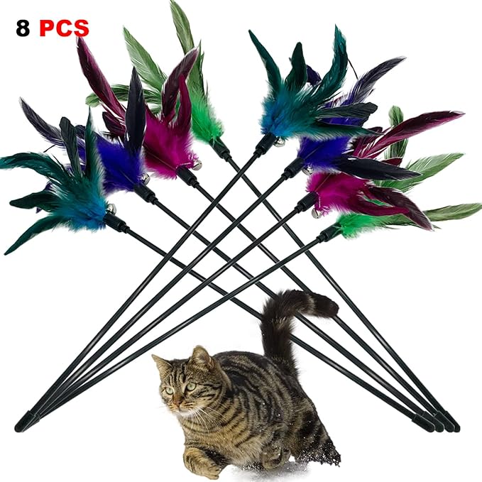 Cat Wand Toy Feather Stick Cat Toys, 8 Pieces Interactive Cat Toy Feathers Wand for Indoor Cats