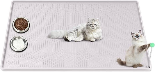 Cat Food Mat with Toy Ball, 38'' x 25'' Extra Large Silicone Pet Feeding Mat with Raised Edge Pet Placemat for Food and Water Bowl Non-Slip, Easy to Clean, Floor Protection (White)