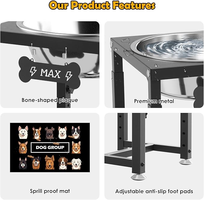 0.8 Gallon Elevated Dog Water Bowl for Medium Dog, 4-Height Adjustable (8–12.2'') Raised Stainless Steel Bowl with Spill-Proof Mat & Sturdy Metal Stand, Easy-Clean Feeder for Indoor/Outdoor Use