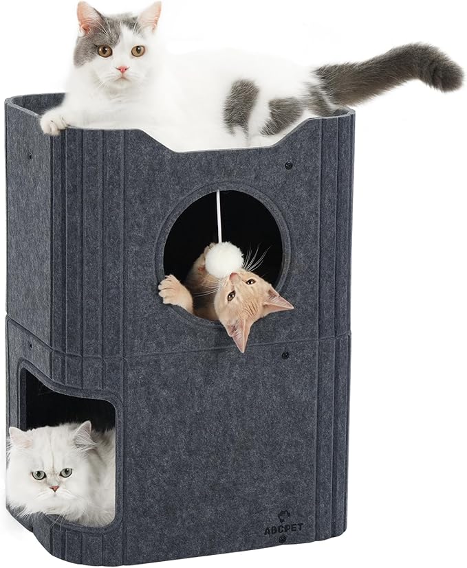 Cat House for Indoor Cats, 2-Storey Cat Bed Cave, Felt Cat Hideaway Condo with Resistant Scratching Freedom Kitten Cube for Multicats Dark Grey
