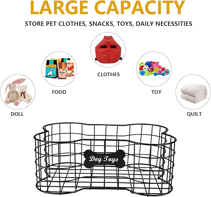 Geyecete Dog Toy Basket, Bone Shaped, Black, Metal, Storage, Pet Accessories Dog Storage Organizer Dog Toy bin Dog Toy Box Dog Toy-L