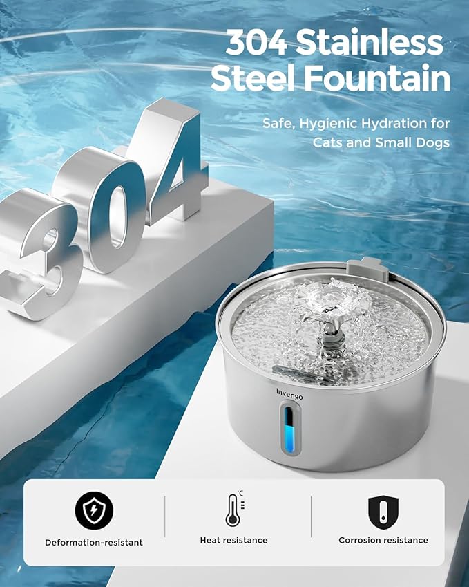 Cat Water Fountain Stainless Steel, 3.2L/108oz Pet Drinking Fountain for Cats Dogs, Automatic Cat Fountain with 2 Flow Modes, Splash-Proof Bowl, Includes 8 Replacement Filters