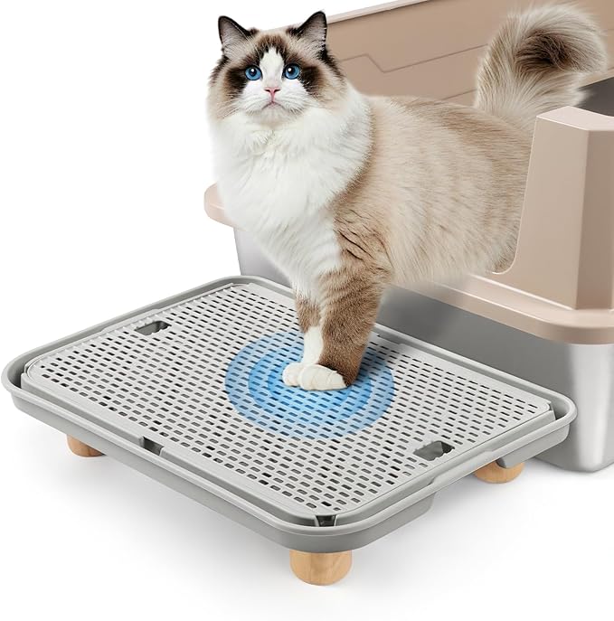 Litter Box Step, Cat Ramp/Step/Catcher with Wooden Base, Filter Function, Easy to Clean, Filter Pedal Ideal for Kitten & Elderly Cats (Light Grey)