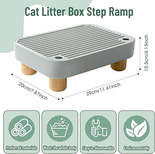 Litter Box Ramp, Cat Litter Catcher Mat with Wooden Feet, Filter Function, Litter Box Step for Small & Elderly Cats, Fits Automatic Litter Boxes (Light Grey)