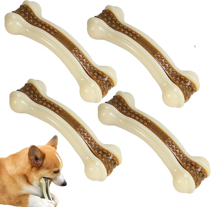 Dog Chew Toys for Aggressive Chewers, 4 Pack Beef Flavor Tough Dog Bones for Large/Medium Breed Dogs, Nylon Pet Teething Toys