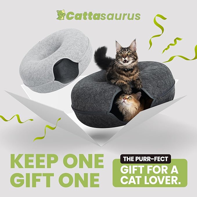Cattasaurus Peekaboo Cat Cave Duo Jumbo Set, Extra Spacious Cat Donut for Multiple & Large Kitty 15+ lbs, Scratch Detachable Cat Beds for Indoor Cats, Washable Cat Tunnel Bed, Best Kitten Toys