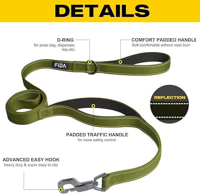 Fida 5 FT Heavy Duty Dog Leash with 2 Comfortable Padded Handles, Traffic Handle & Advanced Easy Snap Hook, Reflective Walking Lead for Large, Medium & Small Breed Dogs, Green